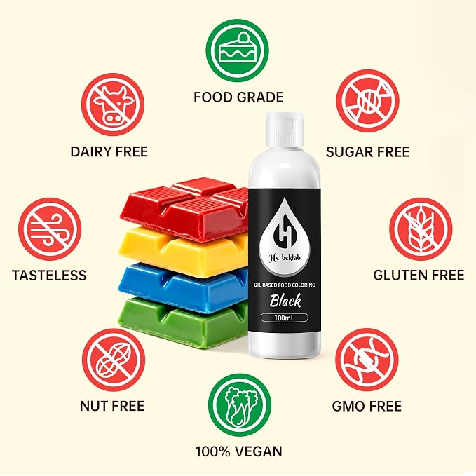 Black Oil Based Food Coloring for Chocolate – Herbeklab 100ml Professional Concentrated Oil Food Dye for Candy Melts, Chocolate, Cake Pops, Strawberries & Baking