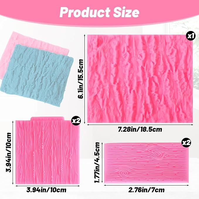 Beasea Silicone Molds for Cakes Decorating, 5pcs Woodgrain Silicone Lace Fondant Mold Fondant Texture Mat Sheet for Sugar Lace Mats Wood Texture Mat Embossed Craft Tools