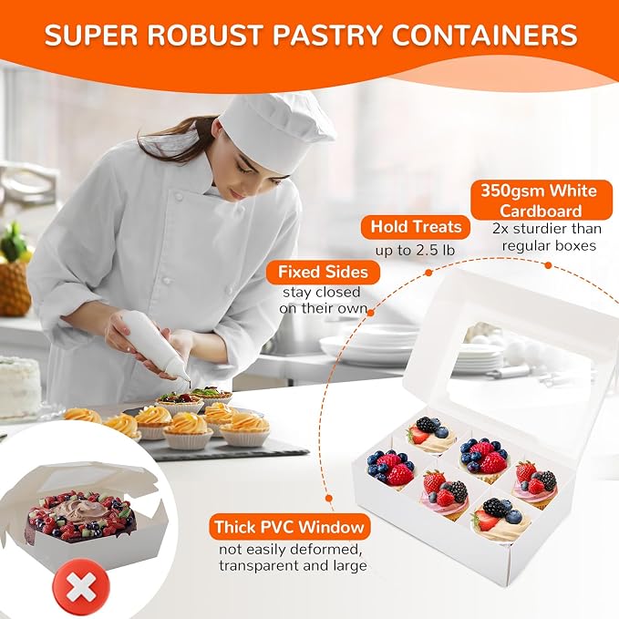 Zealax Bakery Boxes with Window and Dividers Cookie Packaging Small Treats for Gift Giving, Macaron Treat Boxes for Mini Cupcakes, Chocolate Covered Strawberries, White, 30 Pack, 9x6x2.5 Inch