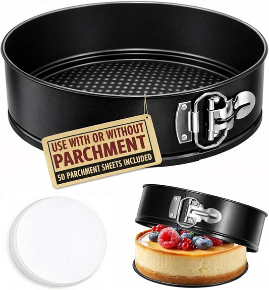 Tellshun 8 Inch Non-stick Springform Pan with 50 Pcs Parchment Paper Cheesecake Pan with Removable Bottom Baking Mold Round Leakproof