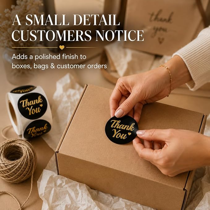 500 Thank You Stickers Roll – 1.5 Inch Black and Gold Foil Round Labels – Elegant Thank You Stickers Small Business Packaging, Envelopes, Gift Bags, Orders, Party Favors, Crafts