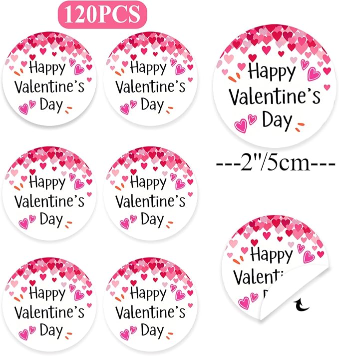 120Pcs Valentine Heart Stickers, 2 Inch Round Labels for Kids Classroom Exchange, Self Adhesive Seals for Treat Bags, Cards, Envelopes, Party Favors & Gift Wrap (Valentine’s Day)