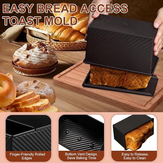 2 Pack 9 * 4 Inch Pullman Loaf Pan with Lid, 1 lb Dough Capacity Non-Stick Bread Loaf Pan,Carbon Steel Coating Sandwich Bread Pan for Bakeware Homemade Sourdough Oven Baking