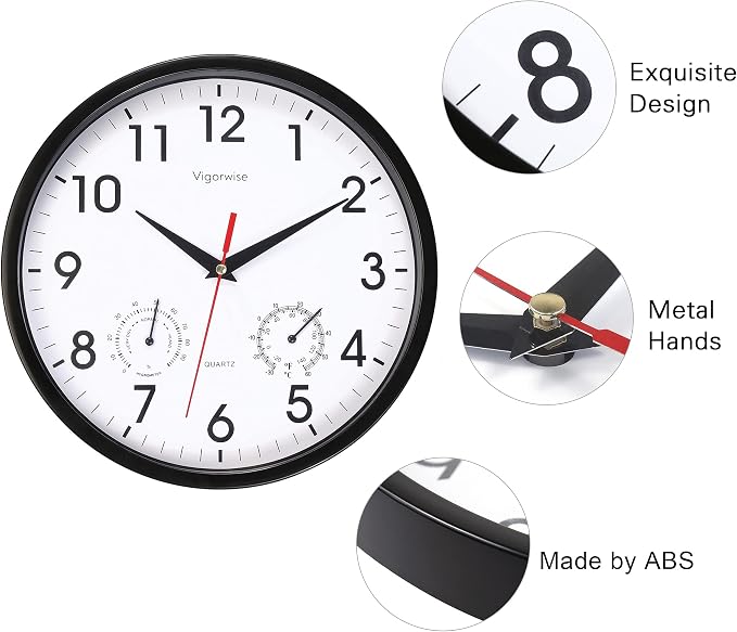 Wall Clock, Sweep Silent Movement Accurate Clocks with Temperature & Humidity, Decorative for Kitchen/Living Room/Bedroom/Office/School/Classroom (Black, 10 inch)
