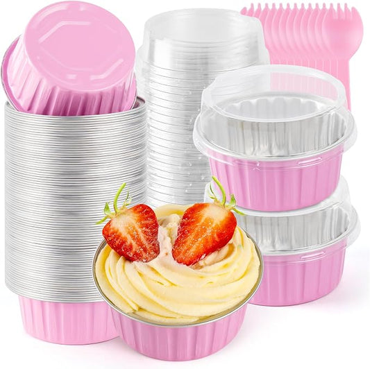 60Pcs Mini Loaf Pans with Lids and Spoons, Aluminum Foil Baking Pans, Round Mini Cake Pan, Brownie Baking Cups for Picnics Party (Pink)