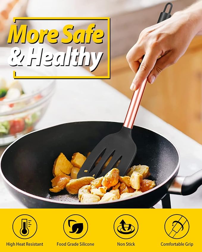 Pack of 4 Silicone Cooking Utensils Set, Non Stick Large Solid Spatulas, Heat Resistant Rose Gold Black Slotted Spoons, Ideal BPA Free Kitchen Turners for Frying, Mixing,Serving,Draining,Turning
