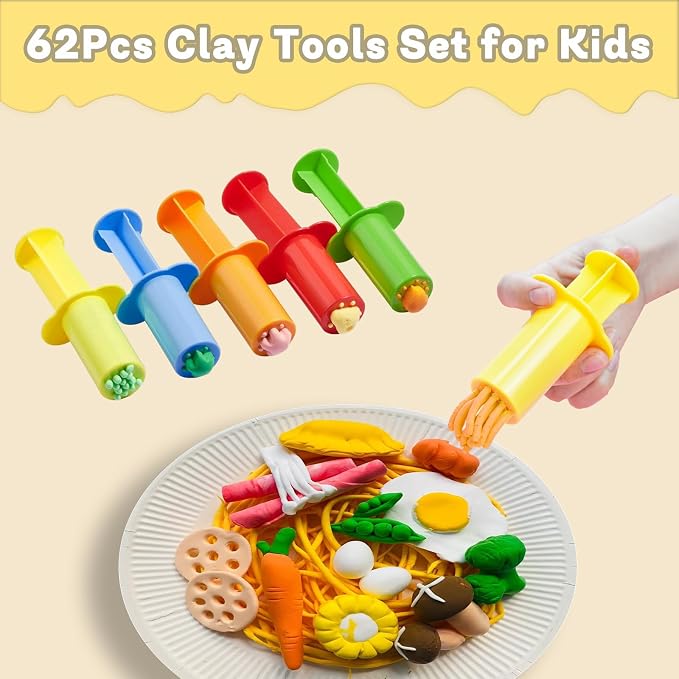LCY WEDSHI Dough Tool Set, 62 Pcs Dough Tools Sets for Kids Ages 4-8, Dough Accessories Includes Alphabet Numbers Shapes, Cutters Roller, Rolling Pins, Safety Scissors, Plastic Knife