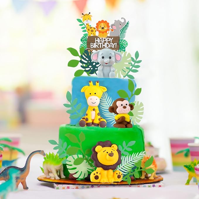 36 Pcs Safari Cake Topper Leaves Cake Decorations Elephant Birthday Cake Toppers Jungle Animals Cakes Toppers Woodland Animal Tiger Lion for Party Baby Shower Birthday Supplies