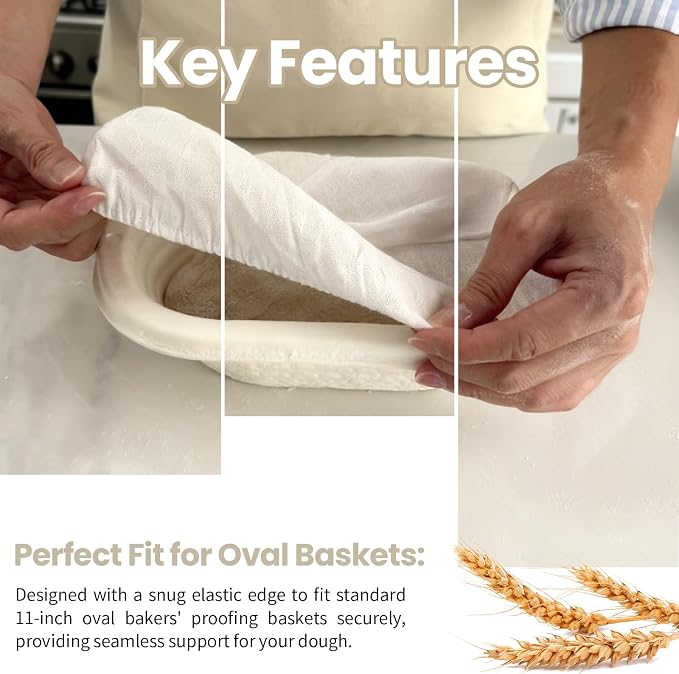 6-Pack Elastic Bread Proofing Basket Covers - Linen Cotton Liners for 10-Inch Oval Sourdough Bannetons, Non-Stick, Breathable Fermentation Cloth for Sourdough & Artisan Baking