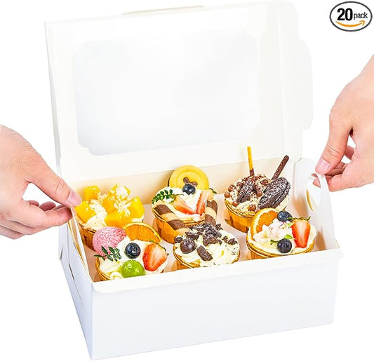 UnicoPak 20 Pack White Cupcake Boxes with Handle Tray - 4" Tall Large Muffin Boxes for 6 Cupcakes - Professional Food-Grade Cardboard Window Boxes for High Frosting, Toppers & Jumbo Treats