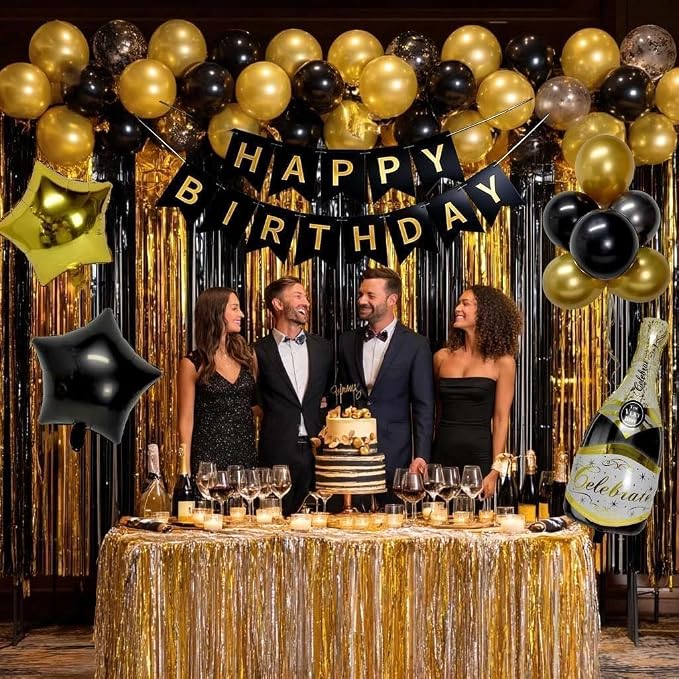 Black Gold Birthday Party Balloon Kit,Happy Birthday Banner Fringe Curtains Gold Black Star Wine Bottle Foil Balloon Garland for Men Women Party Decorations