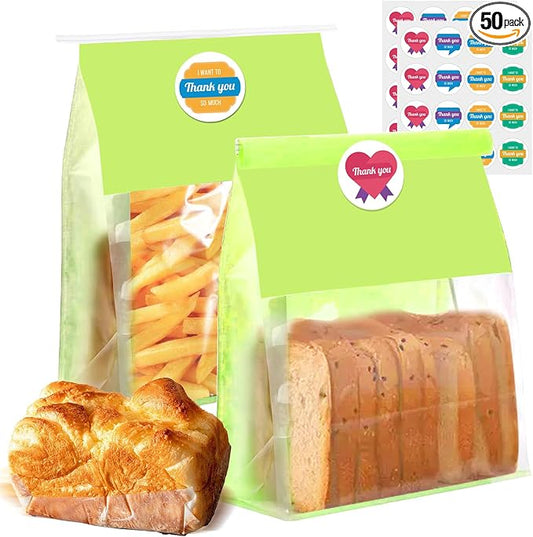 50 Pack Bakery Bags with Window - Large Reusable Cookie Bags With Seal Can Stand Upright Cookie Packaging Bag With Tin Tie Tab Lock Kraft Paper Bread Bags For Pastry,Donuts,Snacks（Green Large)