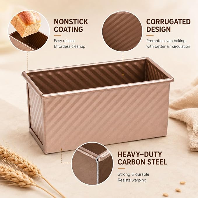 Pullman Loaf Pan with Lid 2 Pack, Carbon Steel Nonstick Bread Baking Pans with Sliding Lid, Gold Toast Mold for Sandwich Bread and Square Loaf, Small and Large Sizes, Oven Safe to 446°F