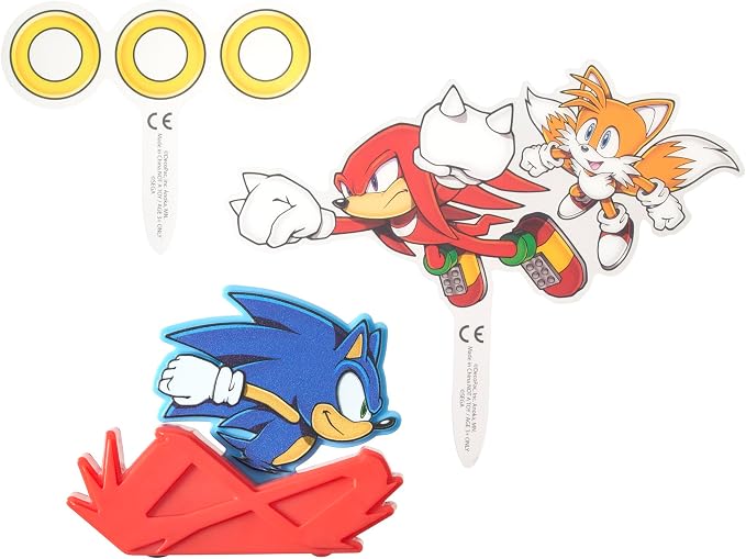 DecoSet Sonic The Hedgehog Cake Topper, 3-Piece Decoration Set With Tails & Knuckles Cake Pic, Rings Cake Pic And Rolling Sonic Action Figurine, For Birthday And Celebrations