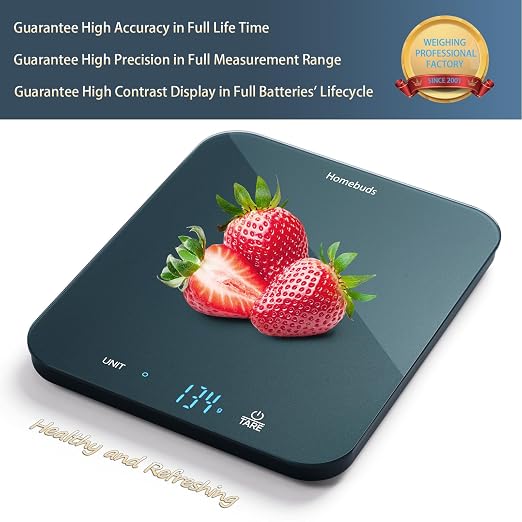 Homebuds Food Scale, 33lb/15kg Digital Kitchen Scale, Weight Grams and Ounces in 1g/0.1oz Precision for Baking and Cooking, LED Display, 3*AAA Batteries Included, Tempered Glass, Blue