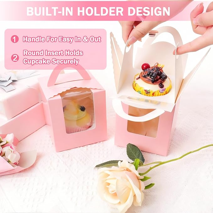 100 Pack Pink Cupcake Boxes Individual with Window, Inserts and Handle, Single Cupcake Containers for Cupcakes, Muffins, Donuts, Cookies, 3.6 x 3.6 x 4.3 Inch
