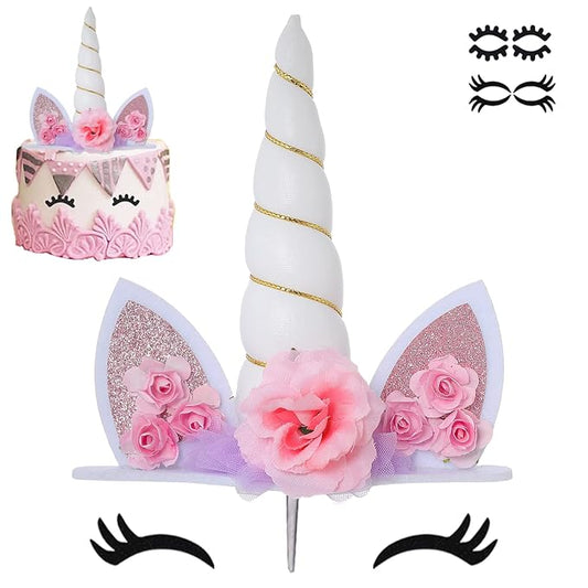 Zkptops Unicorn Cake Topper Birthday Party Supplies Unicorn Birthday Decorations White Horn Cake Topper Accessory with Eyelashes Cute Handmade Reusable Cake Toppers for Girls Kids Women 5.8 Inch
