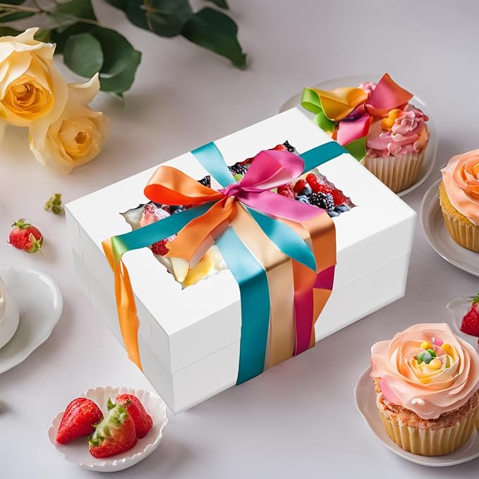 Mefleet 25pcs 14x10x6 Cake Boxes with Window Rectangle Quarter Sheet Bakery Boxes for Pastry Baking Cake, Cupcakes, Donuts, Cookies, Pie Treat Packaging White Large