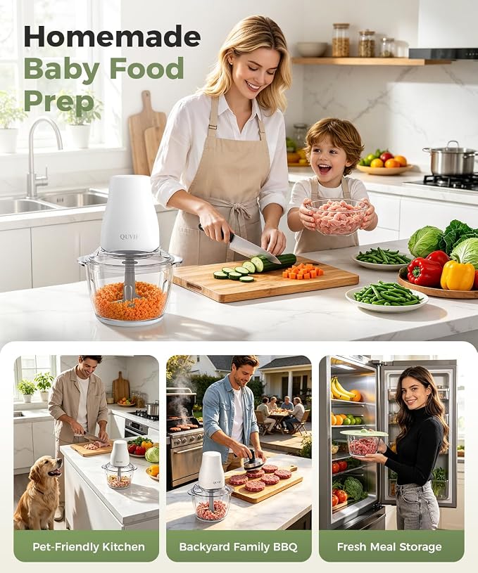 Food Processor Electric Food Chopper Meat Grinder & Vegetable Chopper with Magnetic Easy-Clean Spindle & Serrated Blades, Power Copper Motor, for Meat/Vegetables/Baby Food/Ice Cubes (White)