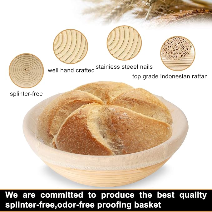 Banneton Bread Proofing Basket - Banneton Basket Set of 2 Pack 10 inch Round Sourdough Proofing Basket with Liner - Handmade Rattan Proofing Rising Bowl for Artisan Bread Making Baking Supplies