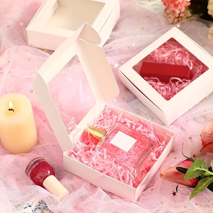 Zonon 60 Pcs Kraft Paper Boxes with Window 4.13 x 4.13 x 1.18 Inch Candy Packaging, Small Gift Boxes, Soap holder, Mini Treat Packaging for Bakery Chocolate Jewelry Display (White)