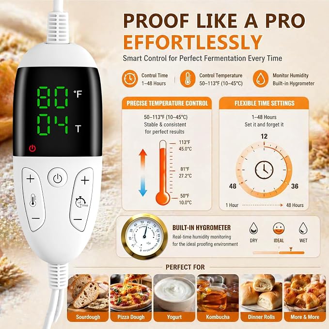 Foldable Bread Proofing Box, Sourdough Proofer Warming Box Yogurt Maker with Lame, Scraper, Metal Rack, Whisk & Silicone Brush | 50–113°F,48H Timer, Home Baking Supplies, Holiday & Housewarming Gifts