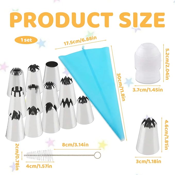 15 pcs Piping Tips Set, Large Piping Tips for Cake Decorating, Professional Pastry Making Tools with Reusable Bags, 12 Nozzles and Accessories for Cupcake and Cookie Design