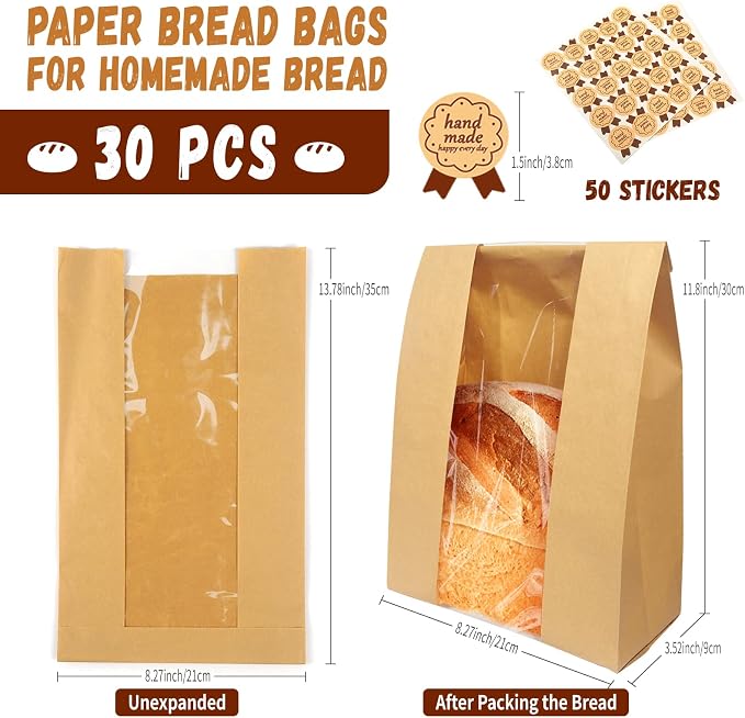 30 Pack Large Bread Bags for Homemade Sourdough Bread - Kraft Paper Storage Bakery Bags with Clear Window Bonus 50 Seal Stickers for Sourdough Sandwich (13.7x8.2x3.5 Inches, Brown)