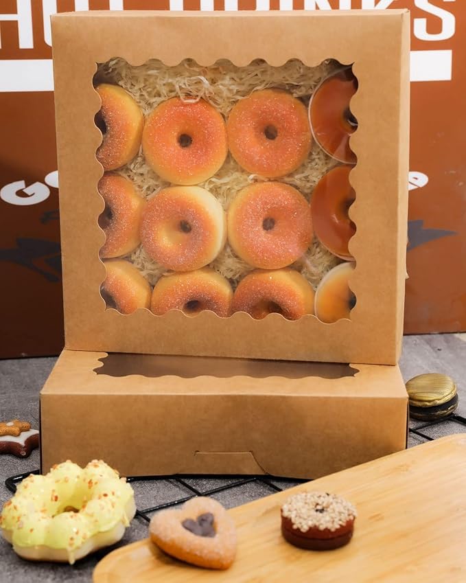 qiqee Auto-pop Up 30pcs Pie Box With Window 9x9x2.5 Inch Donut Pastry Boxes Brown Bakery Box