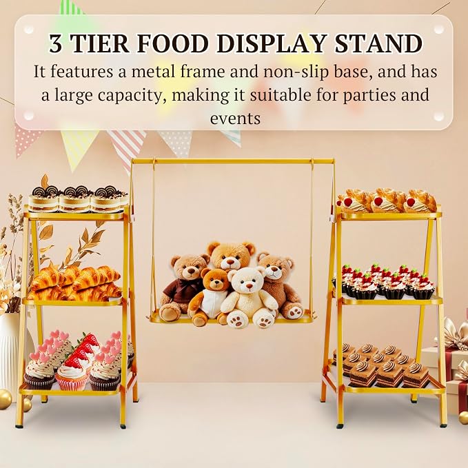 Metal 3 Tier Cupcake Stands, Large Capacity Serving Removable Tray Dessert Stands with Swing Design and Anti-slip Base, Food Display for Parties and Events, Wedding, 32.28*15.55*20.47Inch (Gold)