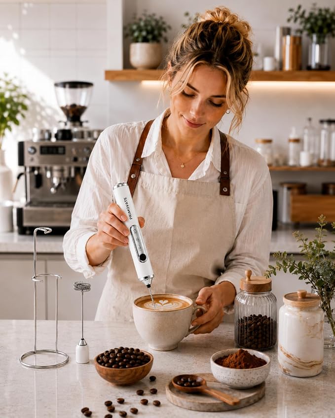 Rechargeable Milk Frother Handheld, Electric Coffee Frother with 2 Whisk, 3-Speed Powerful Drink Mixer, USB-C, Milk Foamer for Coffee,Latte,Cappuccino,Matcha & HotChocolate(White + Stand)