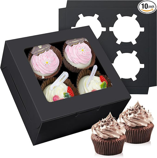 10-Set Cupcake Boxes Bulk with Clear Display Window Hold 4 Standard Cupcakes, Disposable Food Grade Black Cupcake Carrier Cupcake Container, Perfect for Cupcakes Muffins Cookies Pastries