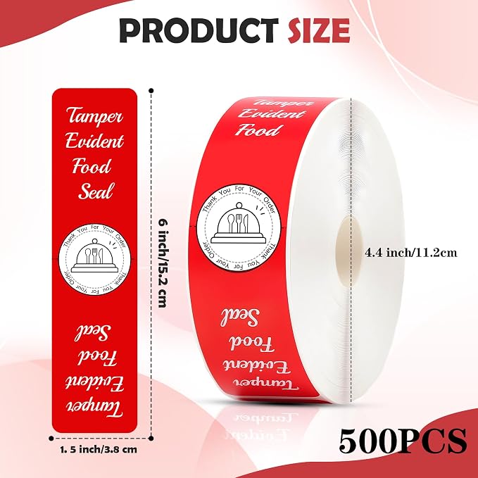 500 Pcs Tamper Evident Stickers for Food Delivery 1.5 x 6 Inches Red Tamper-Proof Safe Seal Tape & Labels - for Sealing Drink, Food & Pizza Boxes to Preserve Freshness