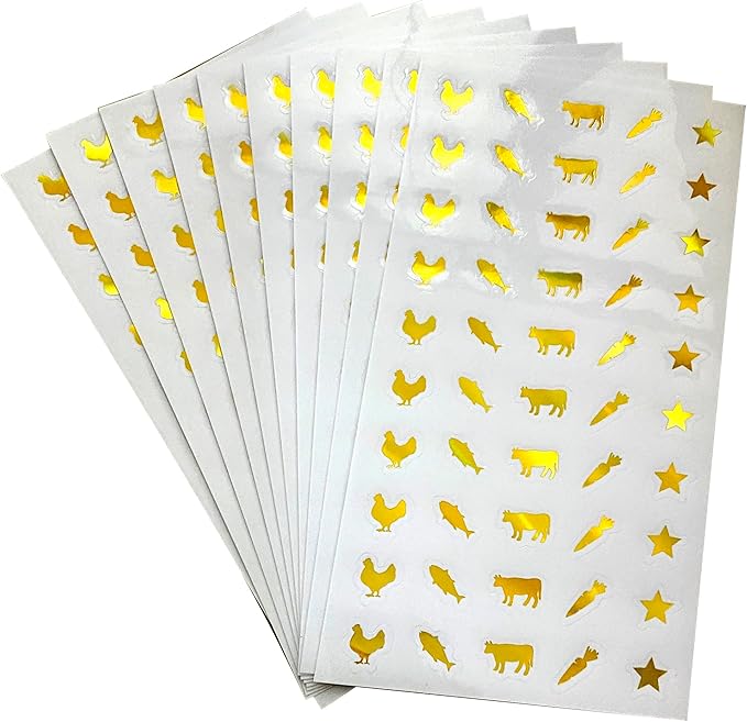 10 Sheets(500 Qty) Meal Stickers,Wedding Food Choice Sticker for Place Cards, Beef, Chicken,Fish (Color Changing Gold)