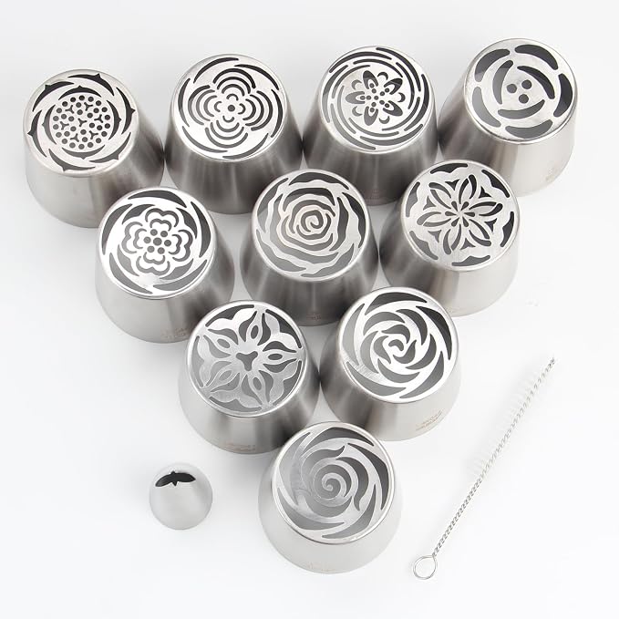 12-Piece Extra-Large Russian Flower Piping Tip Set, Stainless Steel Rose and Tulip Piping Tips for Cake Decoration, Including 10 Extra-Large Flower Tips, 1 Leaf Tip, and 1 Brush