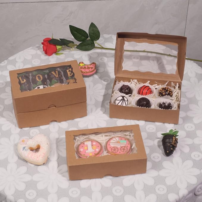 ROSPAKTEK 100pcs 7x4.3x2 Inches Brown Bakery Boxes with Window for Cookies, Macarons, Chocolate Covered Strawberries, and More