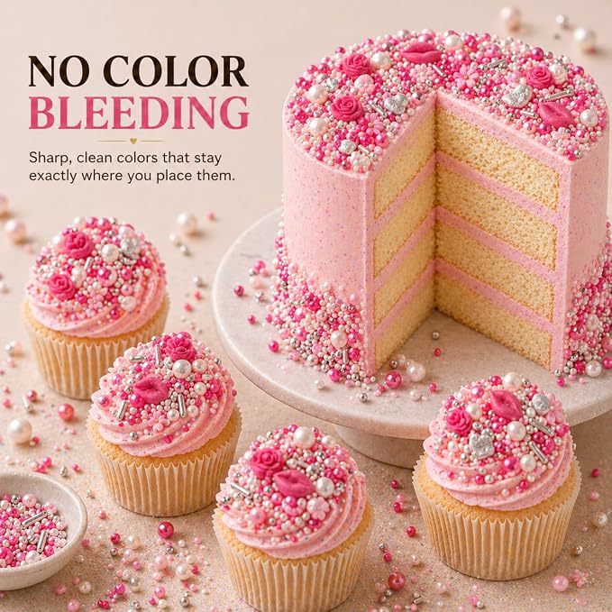 Handcrafted Pink Mini Roses, Silver Hearts, Vermicelli & White Pearls - Vegan, Gluten-Free, Nut-Free, Soy-Free, Dairy-Free Cake & Baking Sprinkles - Perfect for Anniversaries & Special Occasions - 5 Oz