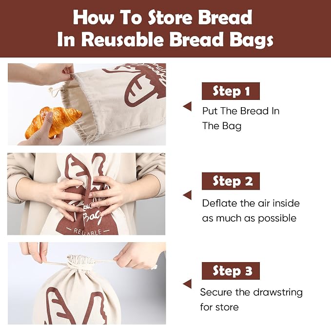 Bread Bags, 2 Pack Bread Bags Reusable Linen with Plastic Lining, Large 17“×13”Homemade ‌Loaf Storage Bags Bread Box for Artisan Bread, Round Loaf, Sourdough