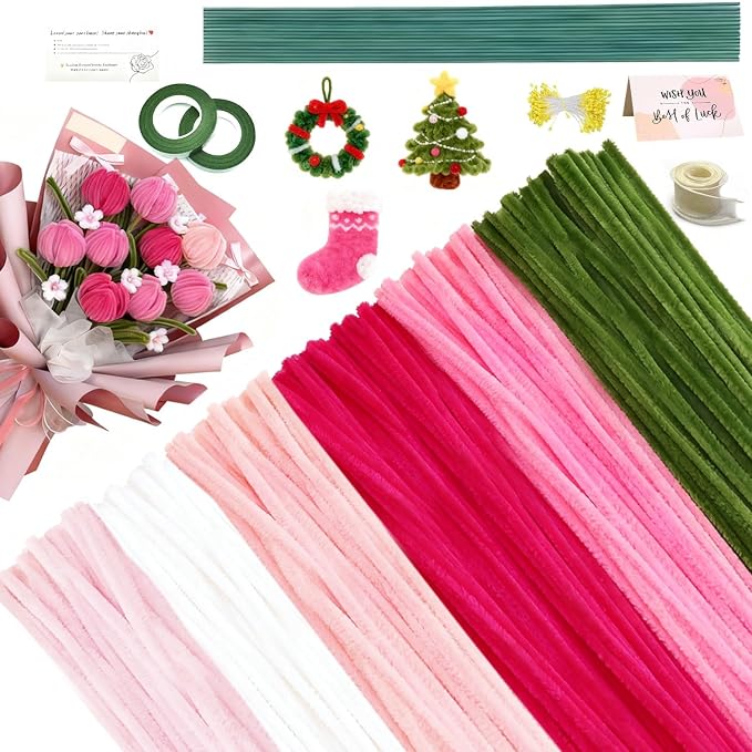 AHAMETON 620Pcs Pastel Pink Pipe Cleaner Flower Kit, 6 Colors Bulk Pipe Cleaners Craft Supplies with Wires, Stamens, Ribbon, Tapes, Card, DIY Flower Making for Gifts Home Decor, Party & School Crafts