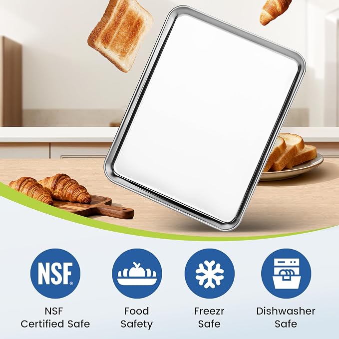 BIEAMA 6 Pack Stainless Steel Toaster Oven Baking Sheets, 12.5 x 9.6 in | Stainless steel pans with no chemical coating, mirror-polished finish and rolled edges; dishwasher safe, oven safe to 500°F.