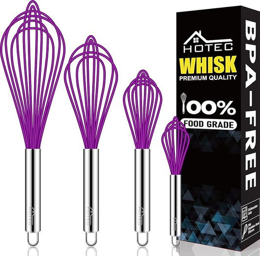 HOTEC 4 Pieces Silicone Whisks Set, Wire Balloon Whisks for cooking Egg Beater, Non-slip Handle Whisk for Non-stick Cookware Perfect for Cooking, Stirring, Beating and Blending,Purple