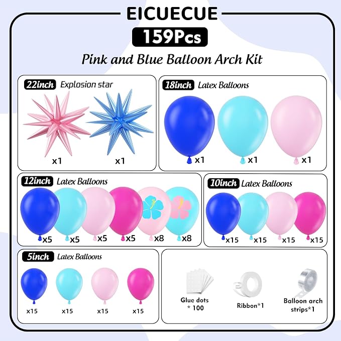 Royal Blue and Pink Balloons Garland Arch Kit - 5 10 12 18 inch Different Size Blue Pink Hibiscus Latex Balloons for Summer Tropical Hawaii Cartoon Birthday Baby Shower Party Decorations