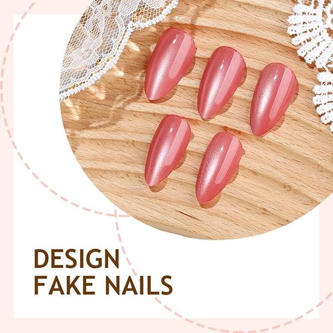 24Pcs French Press on Nails Short Almond ZWENJIE Cat Eye Fake Nails Press ons Nail Tips Stick on Nails Acrylic Nails Kit False Nails with Brown Red Design Nail Art for Women Glitter Manicur