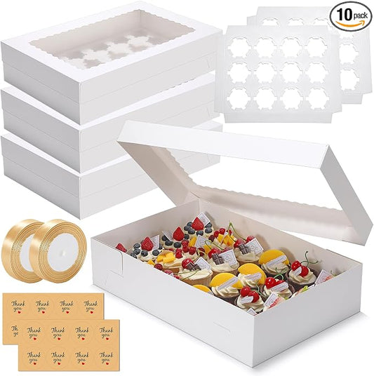 10 Pack 24 Count Standard Cupcake Boxes with Window & Inserts White | Cupcake Containers Bakery Box for Standard Muffins, Pastry Dessert for Birthday Party, Wedding, Baby Shower-17.5x11.5x4 Inch