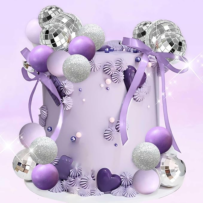 37Pcs Purple Disco Ball Cake Topper Purple Cool Girl Birthday Party Decorations Bows Butterfly Cake Decorations Singer Disco Bachelorette Party Supplies