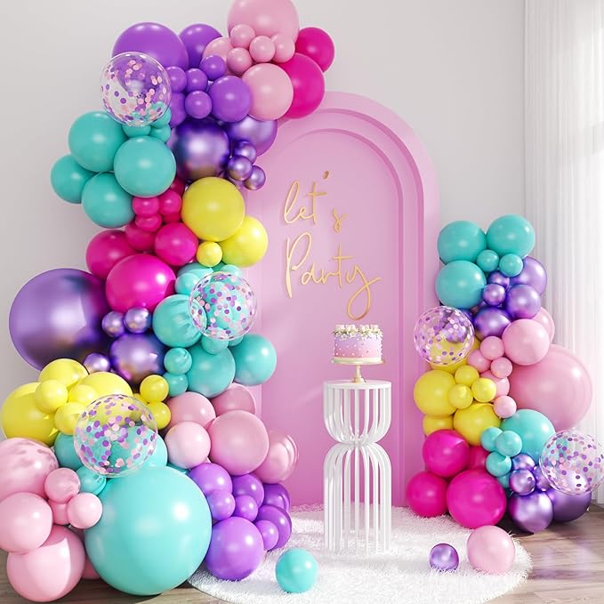 Purple Blue Pink Balloon Garland Arch Kit, 143Pcs Yellow Confetti Balloons for Princess Birthday Baby Shower Valentines Decorations
