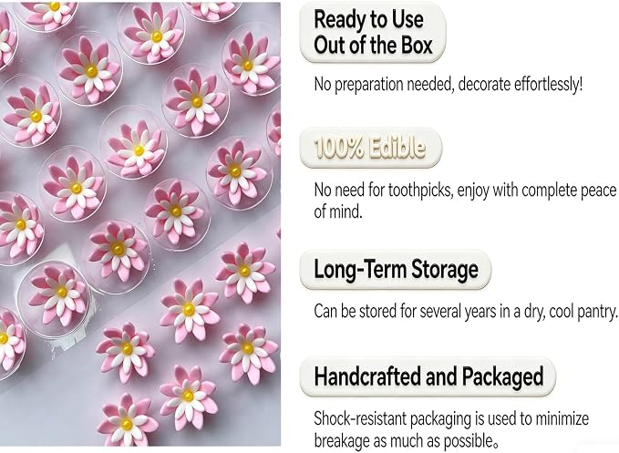 80 Count Edible Flower Cake Decorations, Small Edible Flowers, Sugar Flowers, Cakes & Cupcakes Toppers, Edible Dessert Decorations (0.8 Inch) (8 Petals Double-layer)