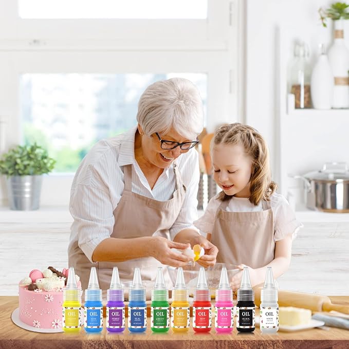 Oil Based Food Coloring Chocolate, 10 Colors Candy Coloring for Chocolate Candy Melts, E-Kongton Cake Color Edible Food Dye for Cake Decorating, Baking, Fondant, Forsting (.35 Fl. Oz Bottles)