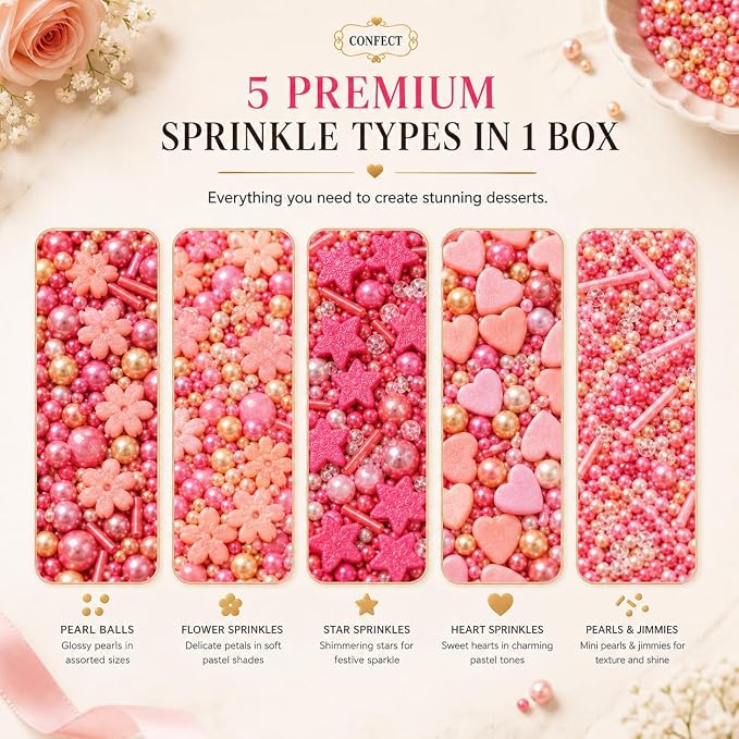 Confect Pretty in Pink, Gold & White Flower & Pearl Sprinkles Mix – Heart & Star Edible Sprinkles for Cakes, Cupcakes, Cookies – Valentine’s Day Baking Decorations – Pack of 5 - Vegan, Gluten-Free, Nut-Free, Soy-Free, Dairy-Free, Palm Oil-Free- 5 Oz