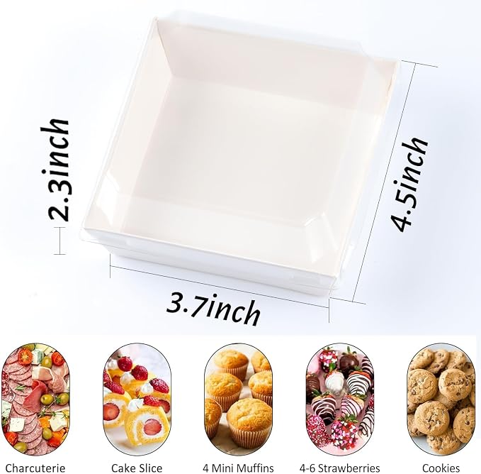 BUIYLV 50 Pack Charcuterie Boxes with Clear Lids, 4 Inches White Dessert Boxes To Go Disposable Mini Charcuterie Boxes for Cookie, Sandwich, Strawberry, Cupcake, Macaron, Cake Slice